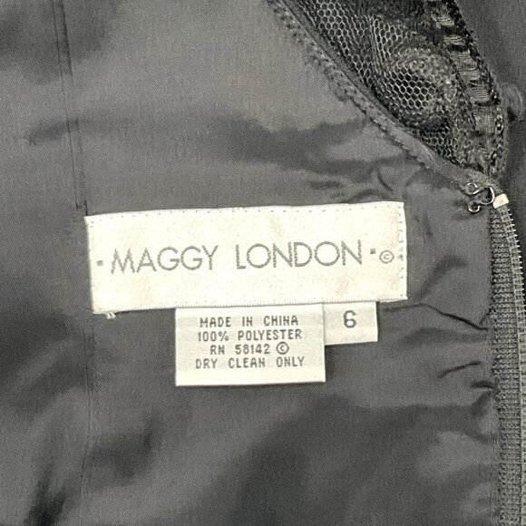 Maggy London Dress Women 6 Black Short Sleeve Mesh Floral Applique Sheath‎ Midi - Picture 3 of 9